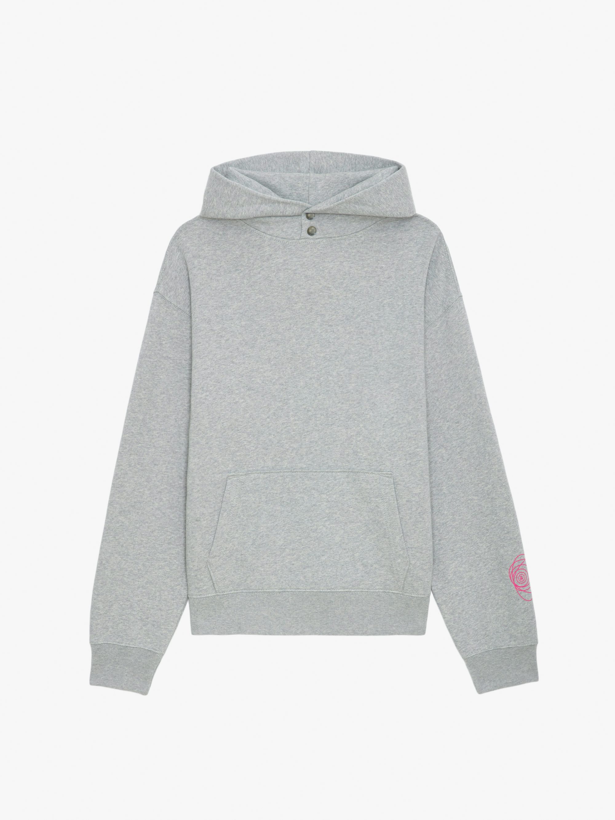 Nils Sweatshirt - Long-sleeved mottled grey organic cotton hooded sweatshirt with compass points prints on the sleeve and back.